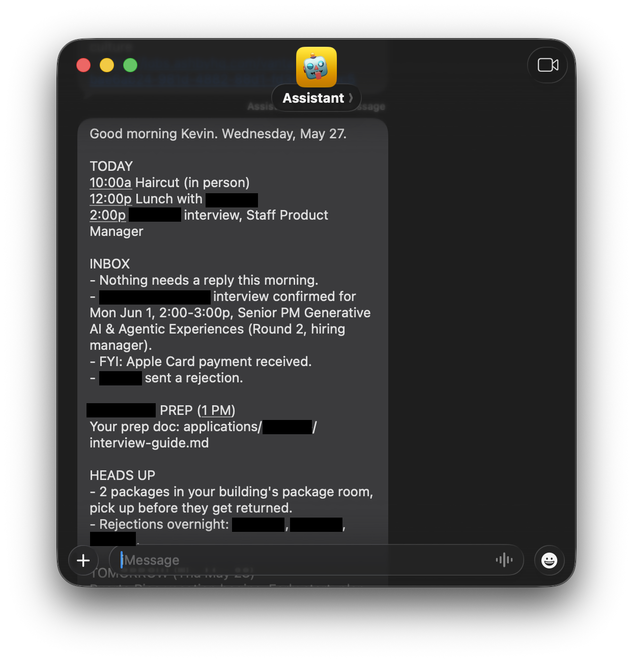 Screenshot of a Messages conversation with "Assistant," showing the 8am morning briefing