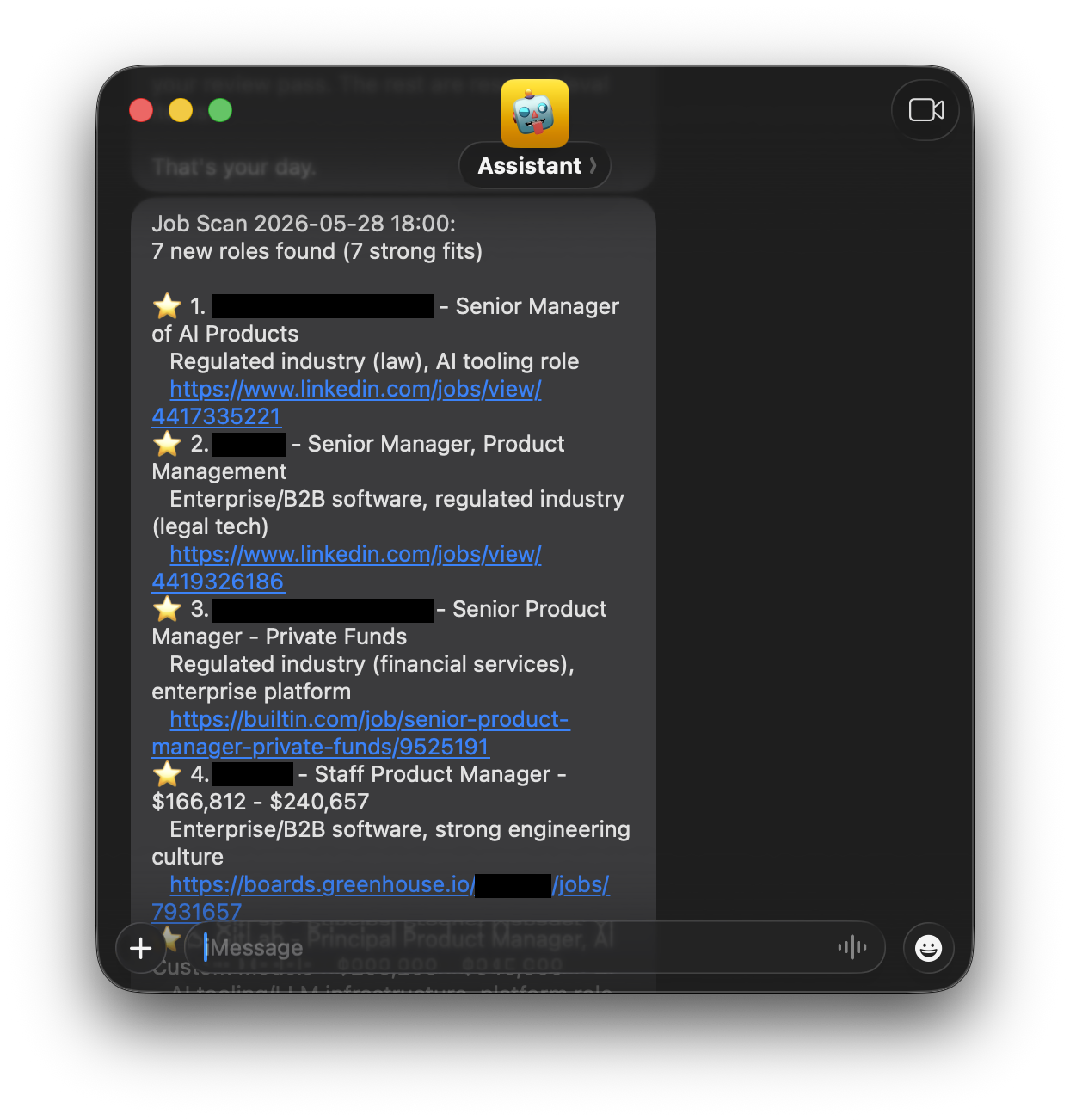 Screenshot of a Messages conversation with "Assistant," showing an 8am job scan